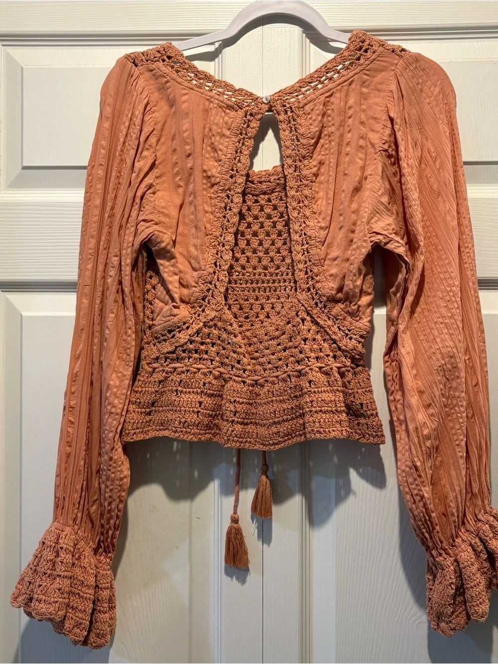 Free People Megan Crochet Knit Tie-Front Top Coral Open Back Boho Romantic Sz S